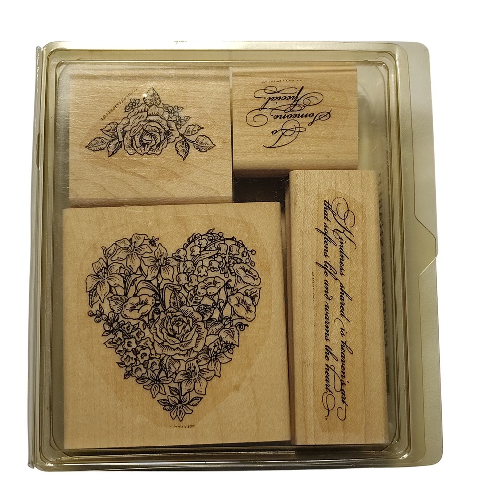 Stampin Up‎ Wood Mount Stamps Kindness Shared Heart Rose Floral Retired Vintage